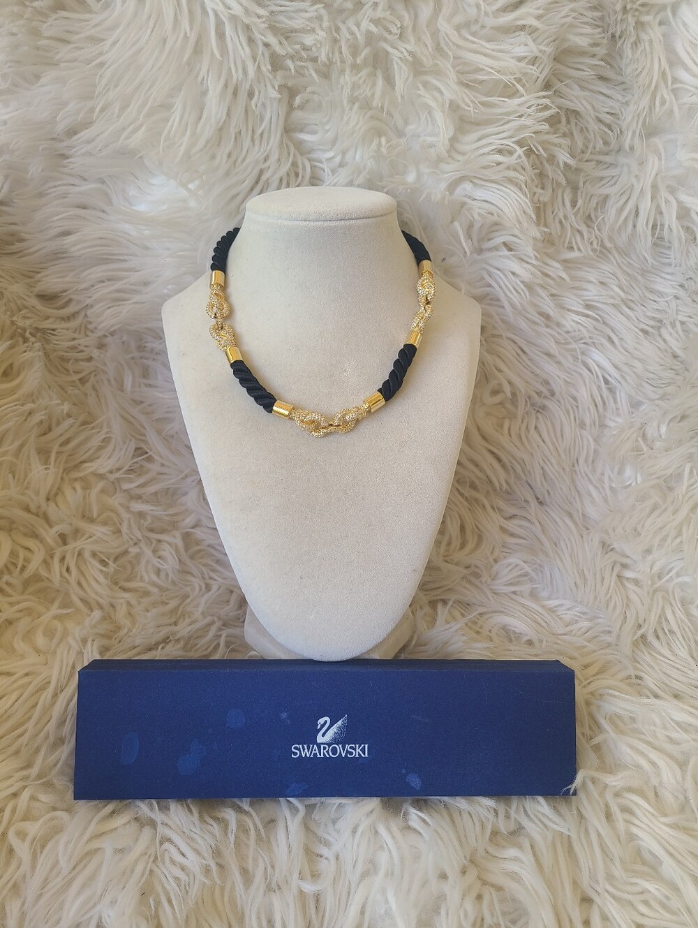 Swarovski Black Rope Necklace W/ Gold Toned Knot Accents- Excellent Vintage Cond